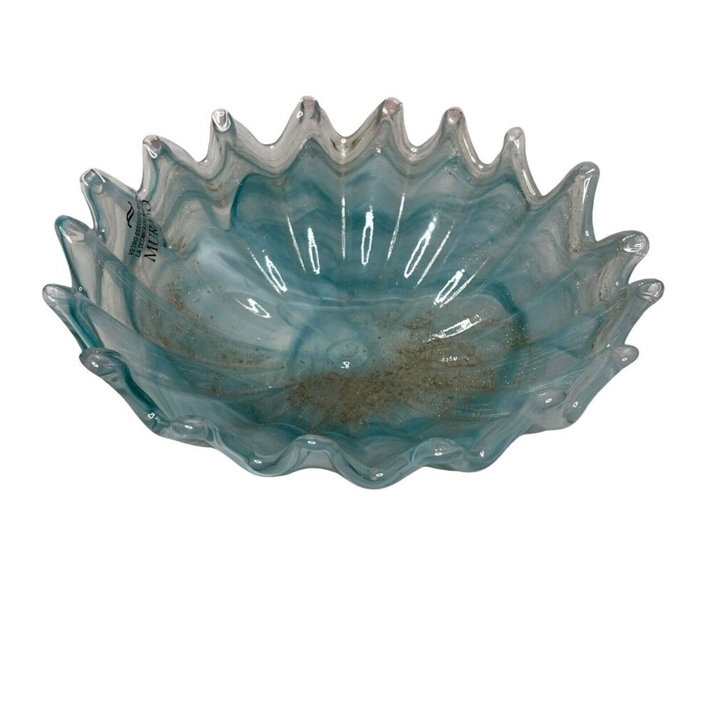 Murano Art Glass Wave Bowl Light Blue 24k Gold Flecked 8.5” Scalloped Edge MCM - Picture 5 of 8